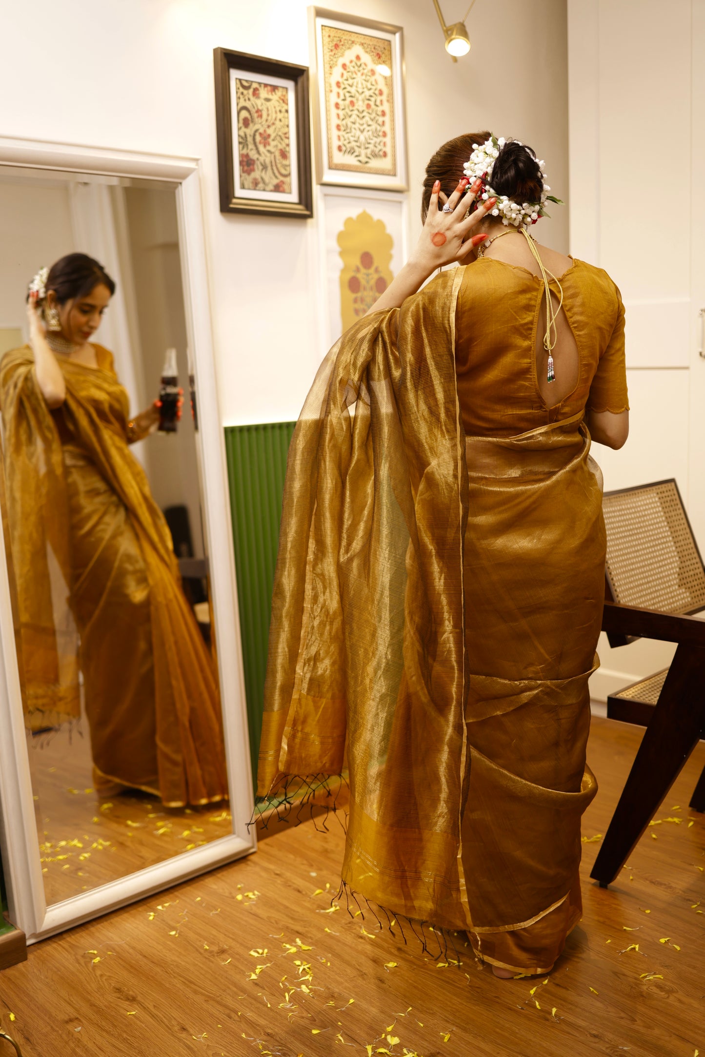 Mustard and gold maheshwari saree with zari border