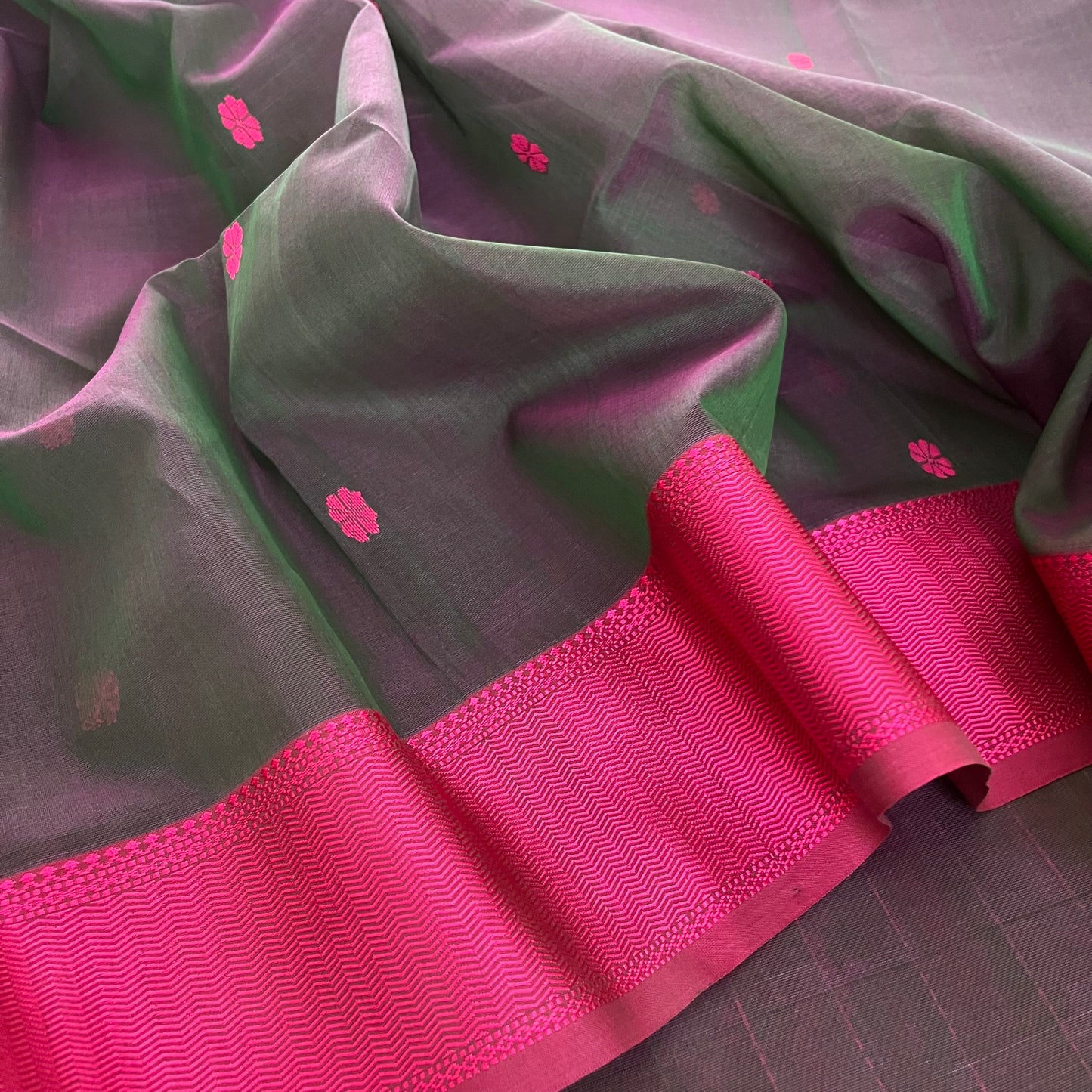 Dark grey and pink Maheshwari saree resham bootis all over