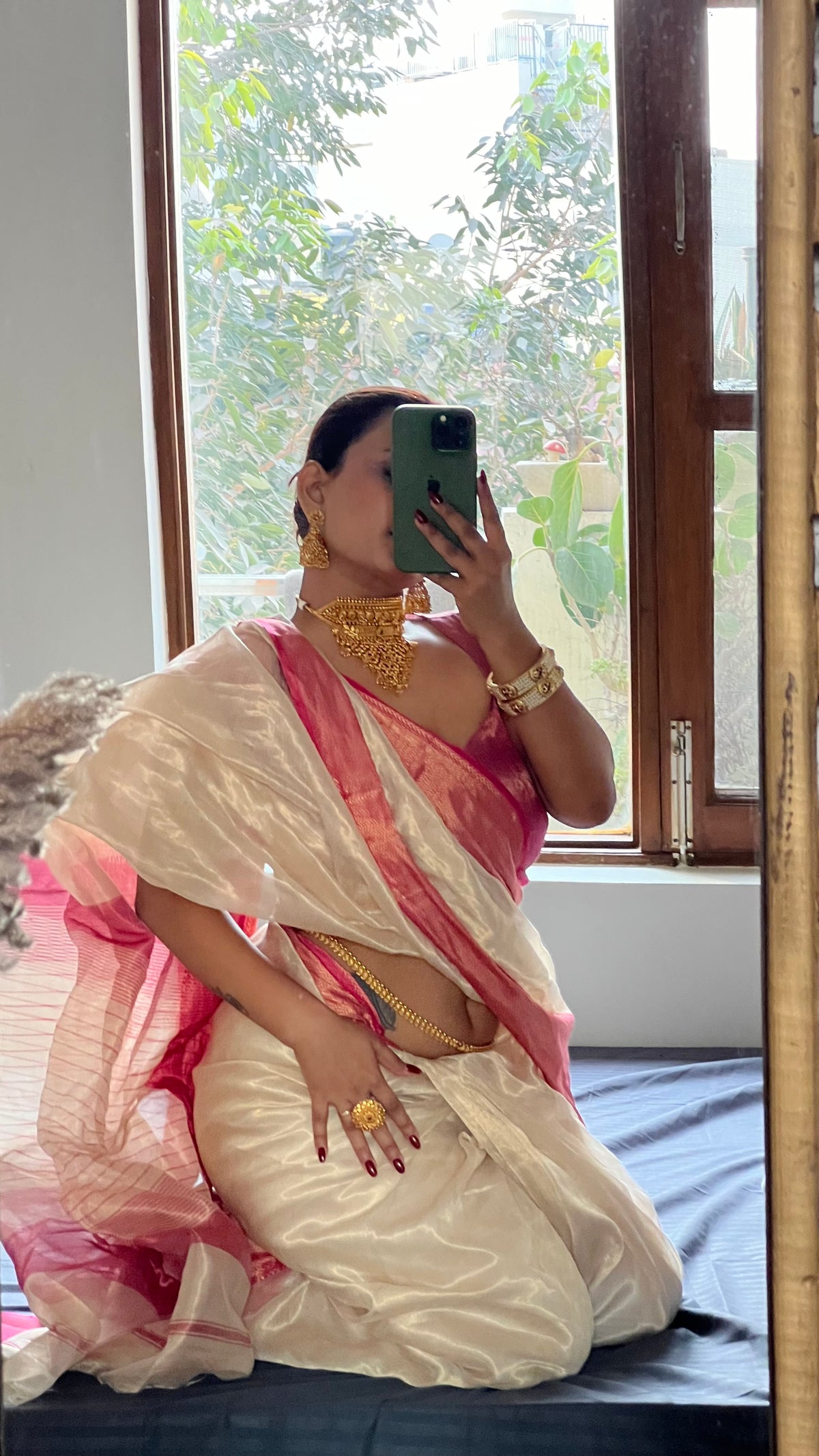 Champagne gold and pink maheshwari tissue silk saree