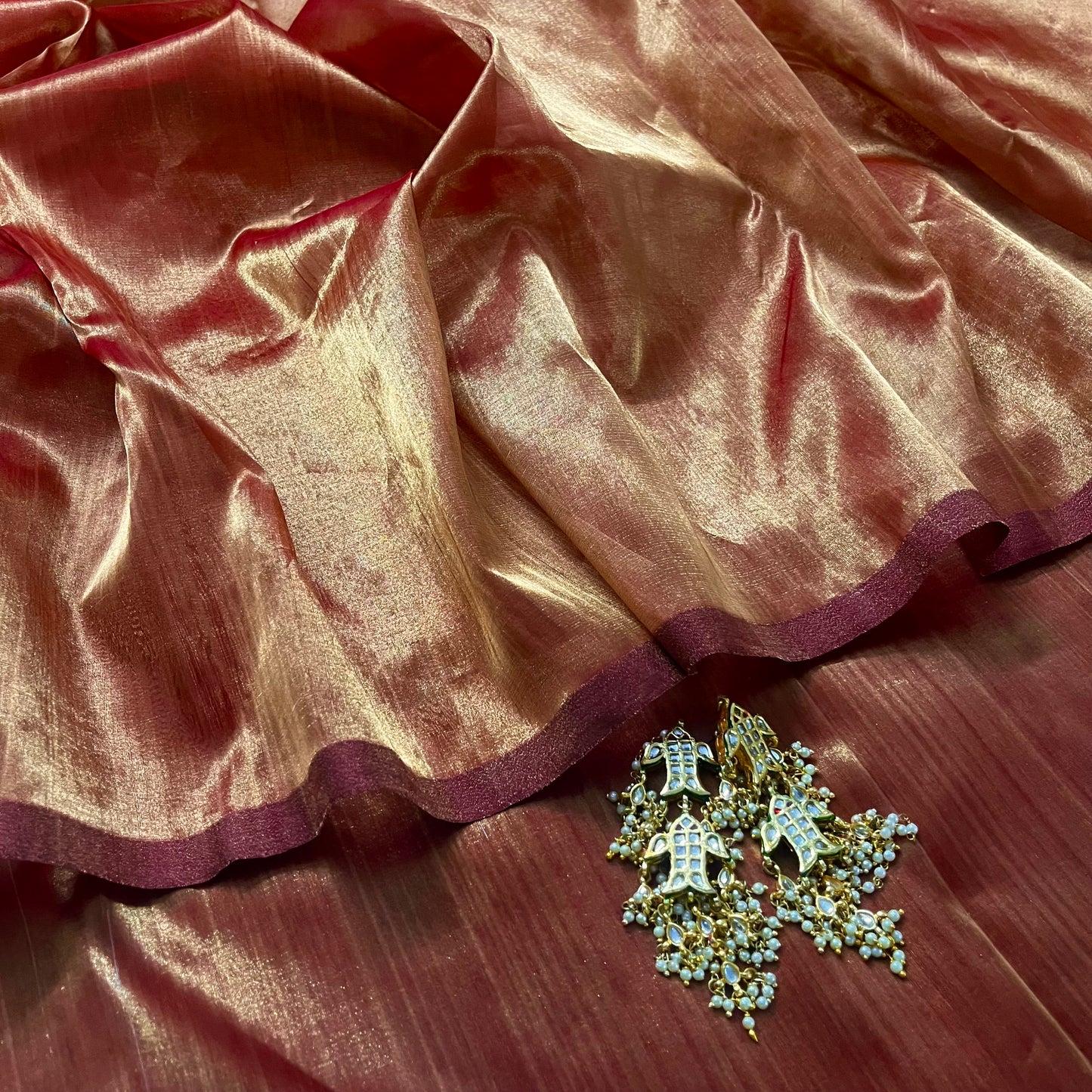 Deep red and gold Chanderi tissue silk saree