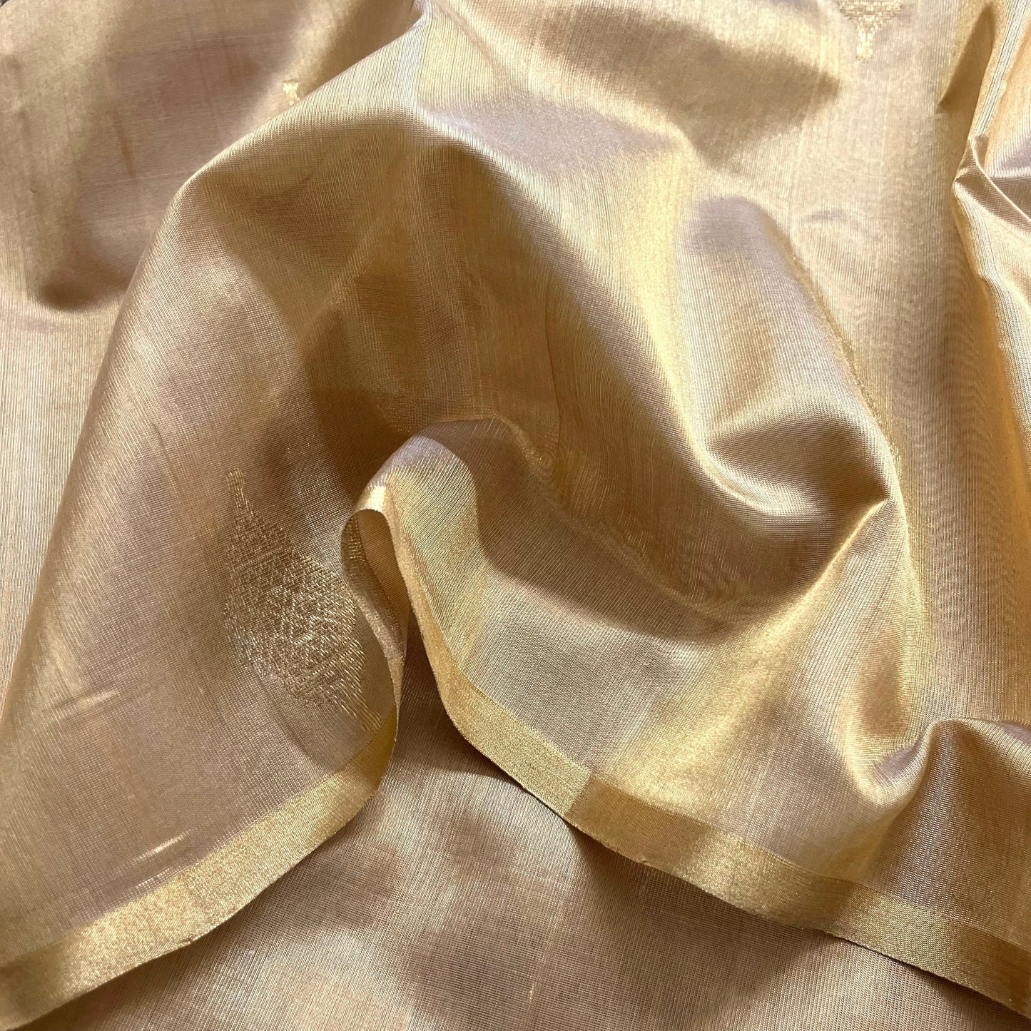 Gold chanderi silk saree with jhoomar motifs all over