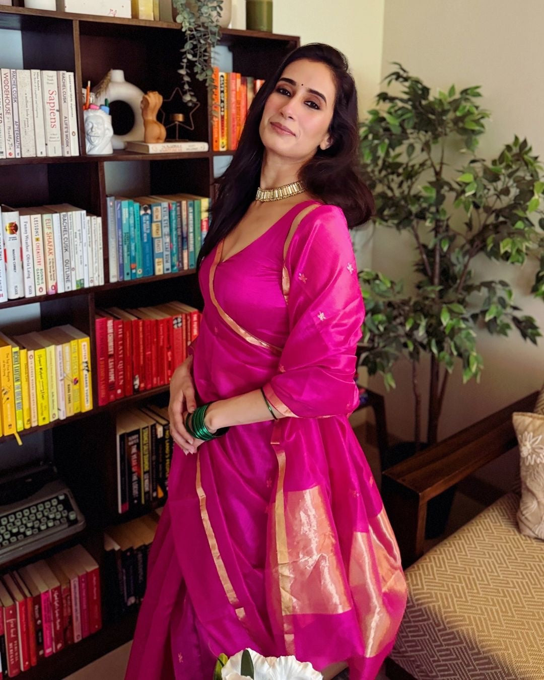 Rani pink chanderi silk saree with flower bootis all over