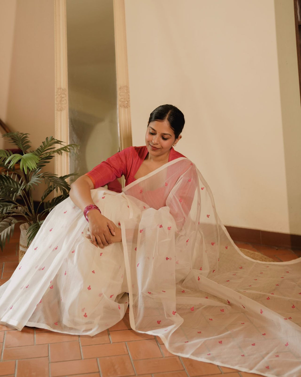 Off white and pink Chanderi silk saree with resham bootis all over