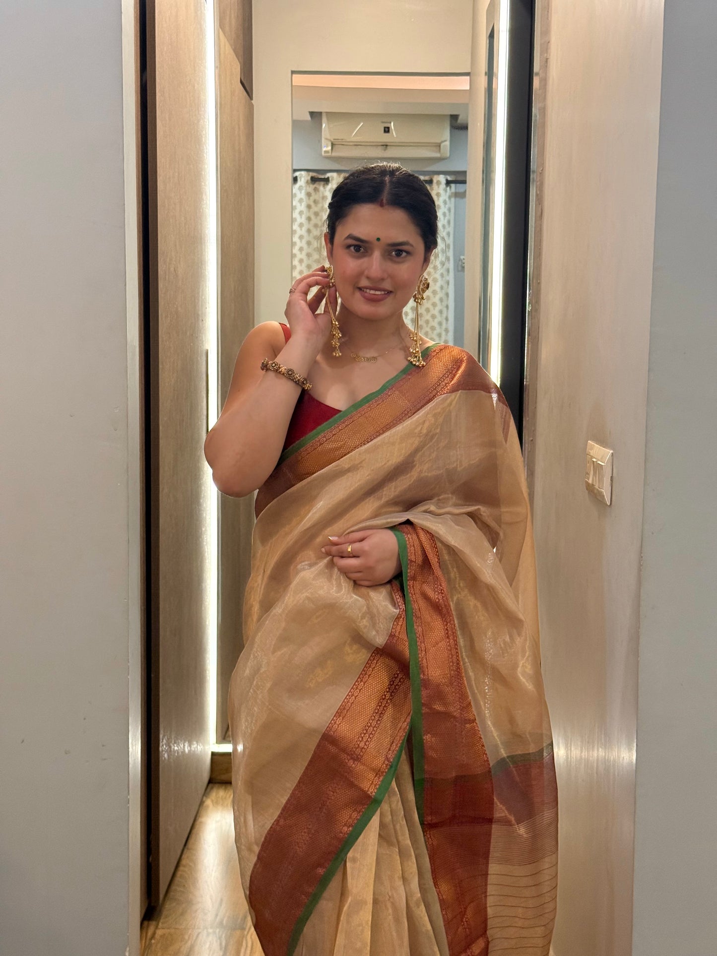 Gold Red & Green Maheshwari tissue saree with zari pattern on pallu