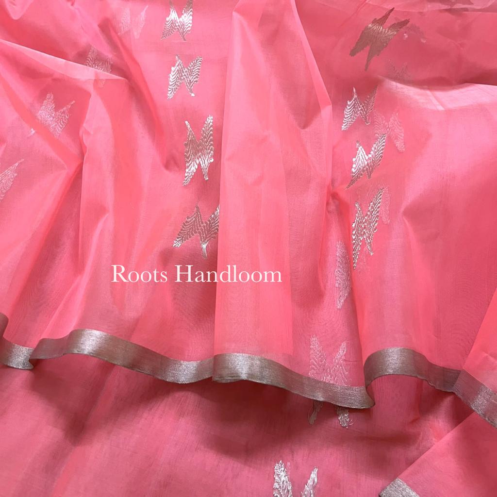 Peachish pink Chanderi organza silk with feather motifs all over