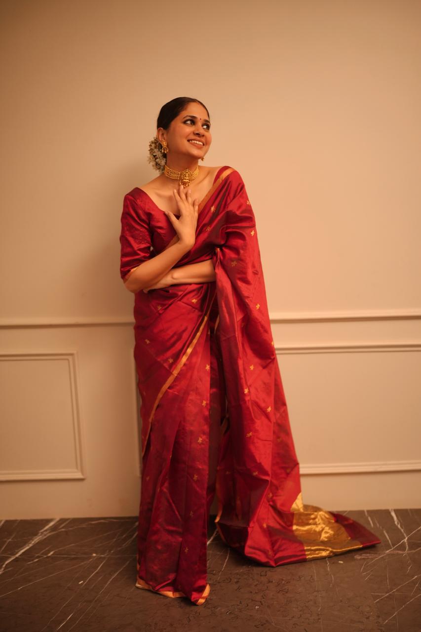 Ready to wear | Deep Maroon Chanderi Silk Saree with Flower Bootis all over