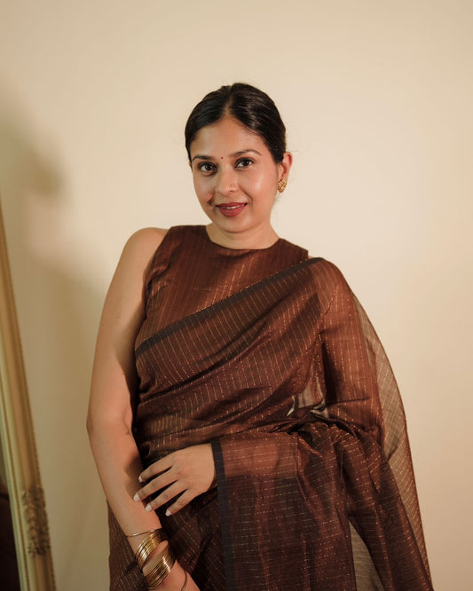 Chocolate brown Maheshwari saree with zari lines all over