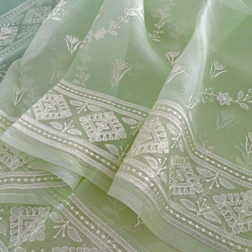 Sea Green Banarasi Organza Silk Saree with Threadwork all over