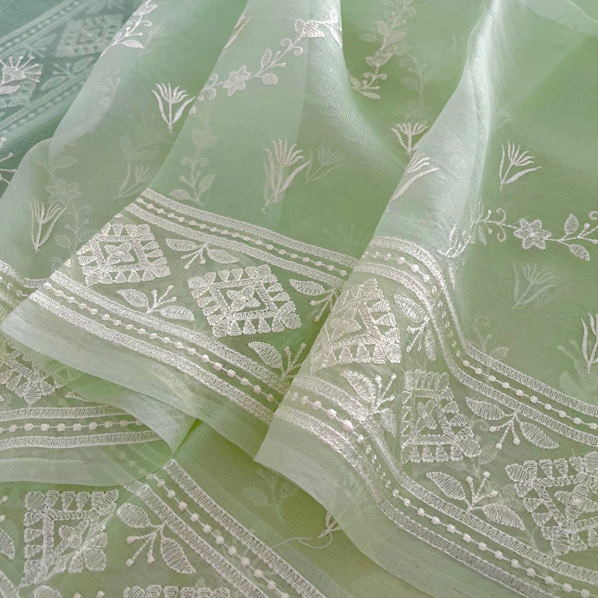 Sea Green Banarasi Organza Silk Saree with Threadwork all over