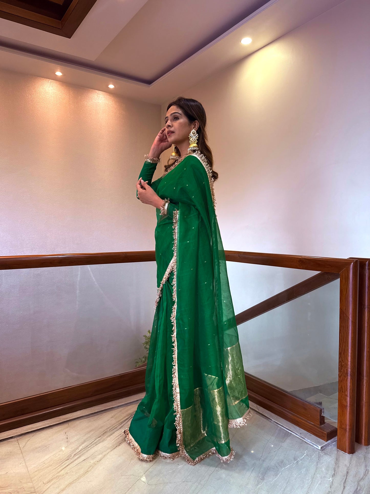 Emerald Green Chanderi silk saree with zari bootis all over