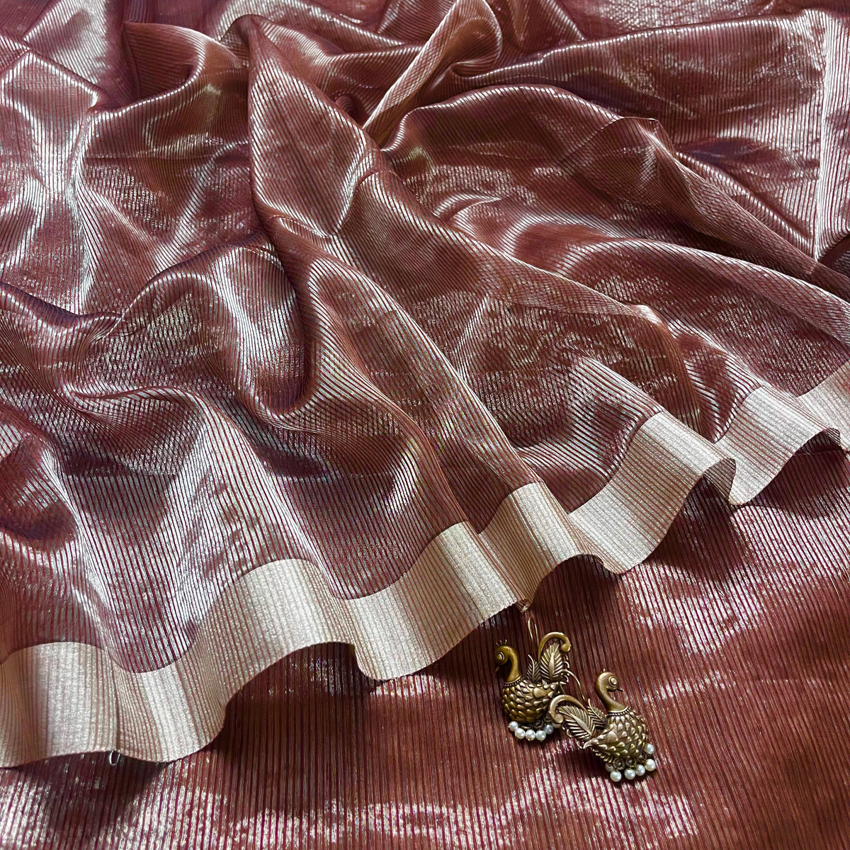 Chocolate brown Maheshwari saree with silver zari lines all over
