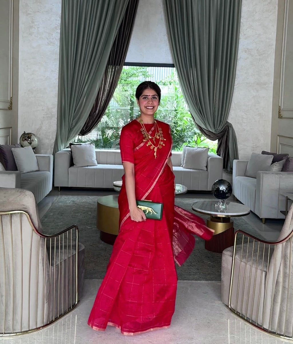 Deep red chanderi silk saree with zari checks all over