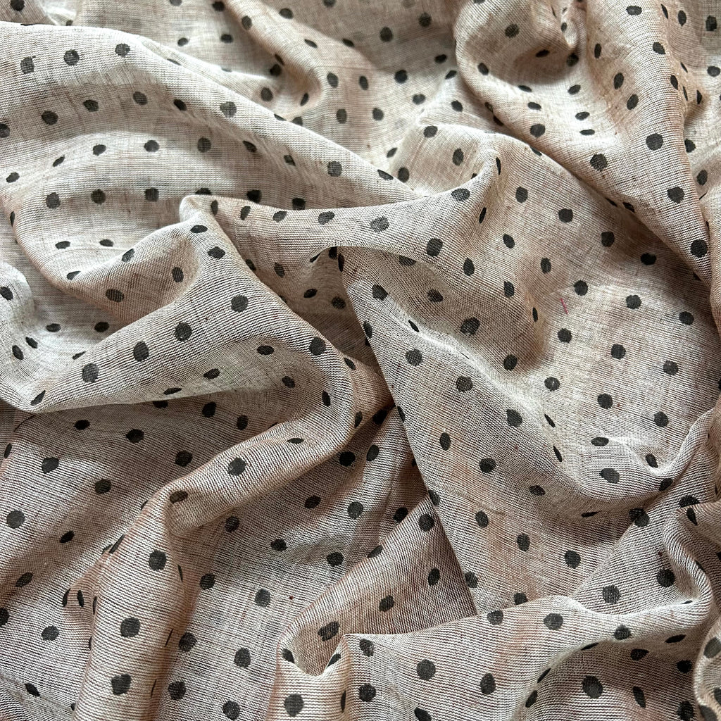 Greyish beige and black polka dot mulmul saree