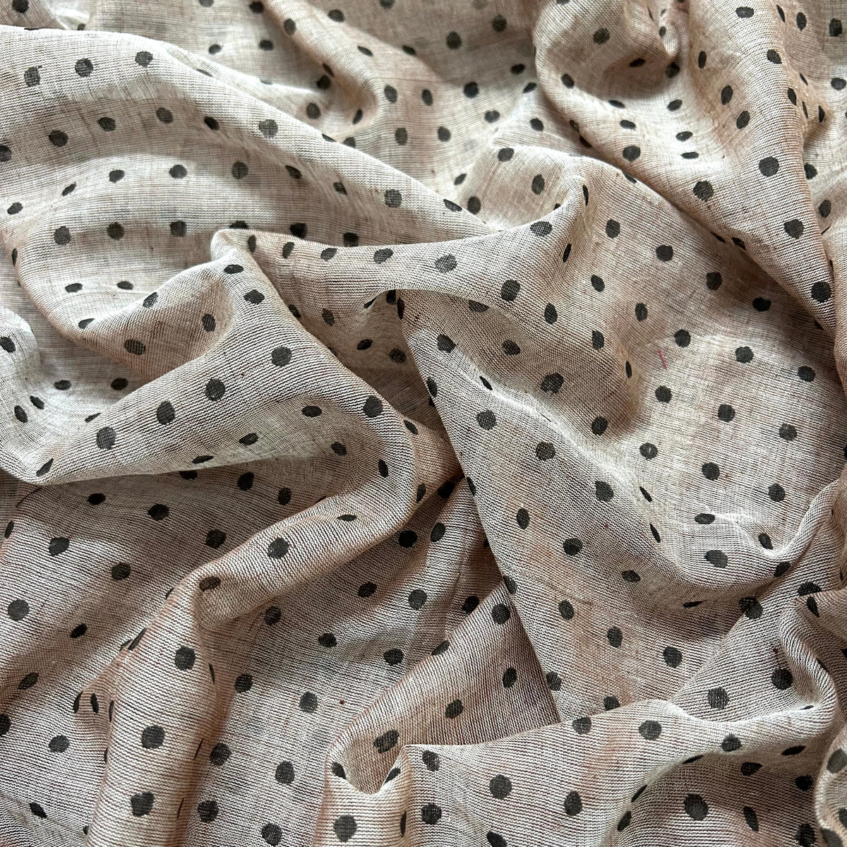 Greyish beige and black polka dot mulmul saree