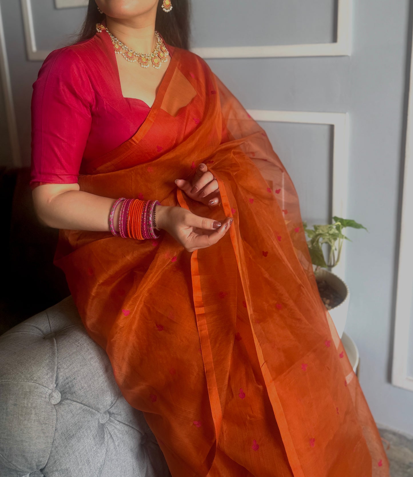 Burnt orange and pink Chanderi silk saree with resham bootis all over