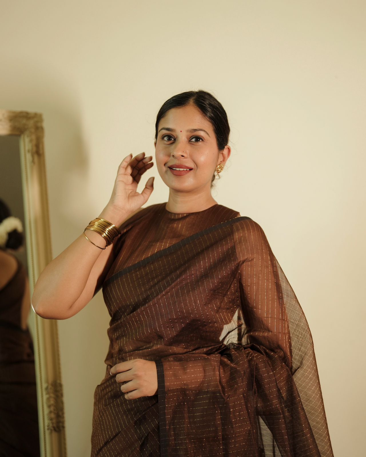 Chocolate brown Maheshwari saree with zari lines all over