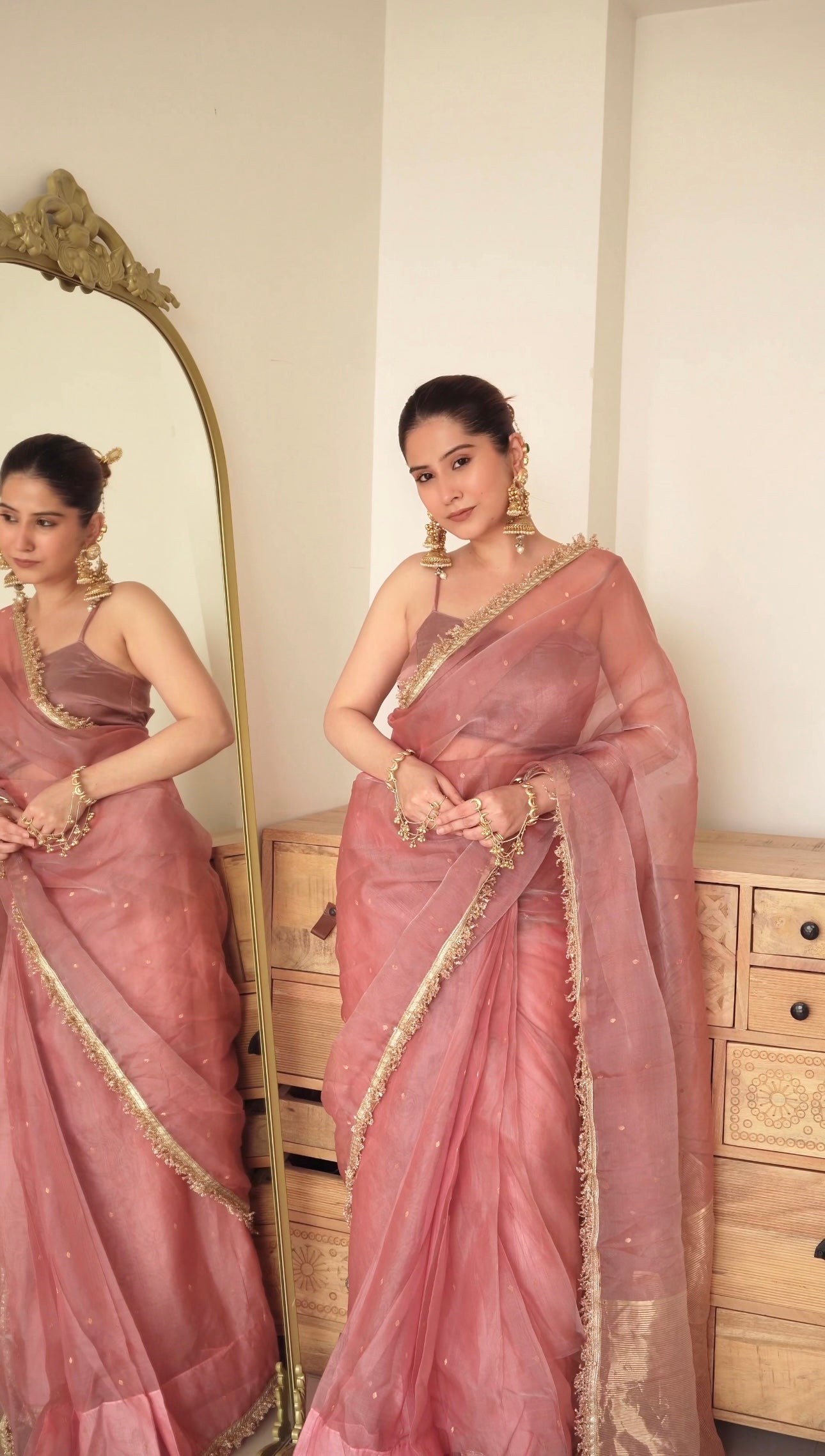 Dusty Pink Chanderi silk saree with zari bootis and zari border all over
