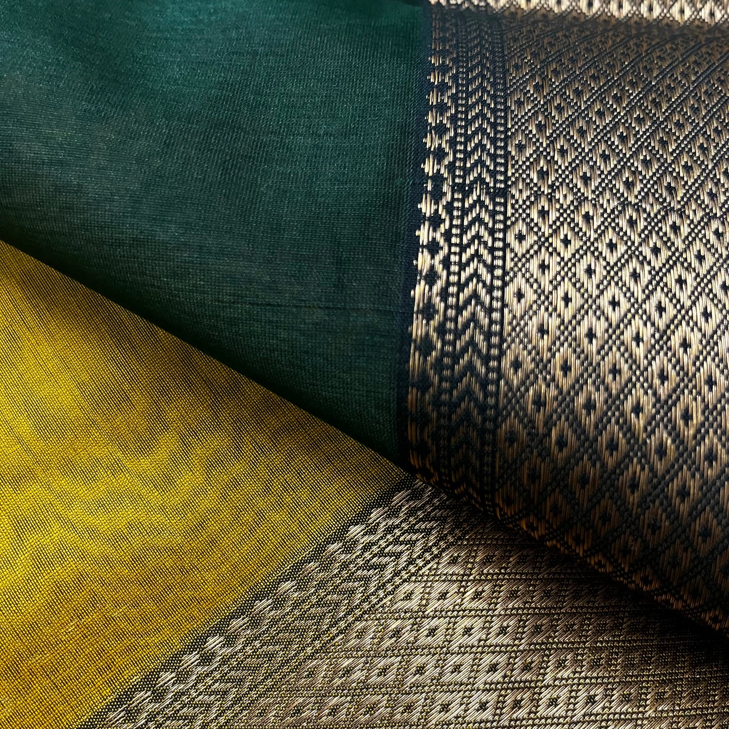 Mustard and green Maheshwari saree with flower motifs on pallu