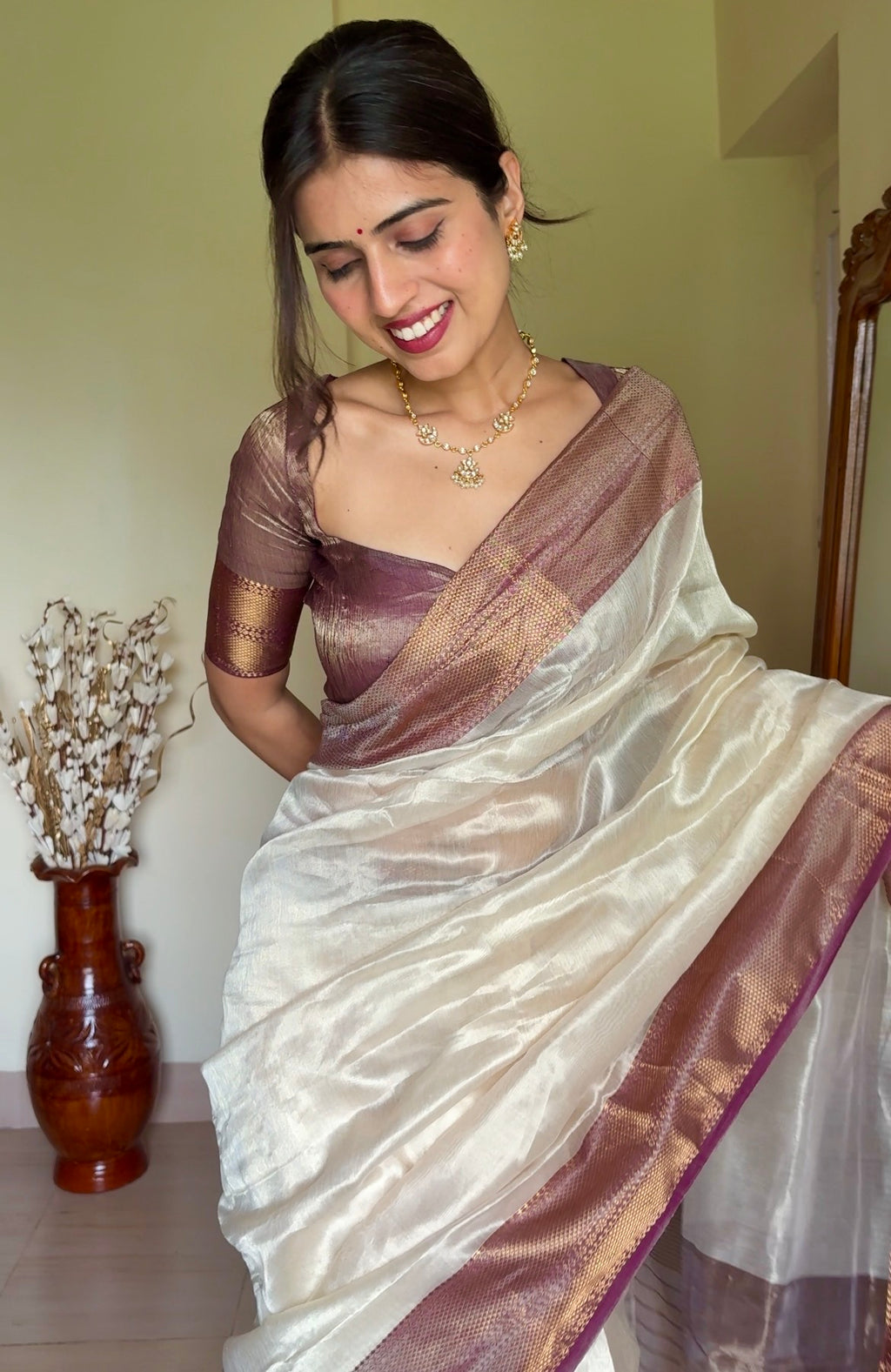 Ready to wear | Cream & Violet Maheshwari tissue silk saree with antique gold zari border