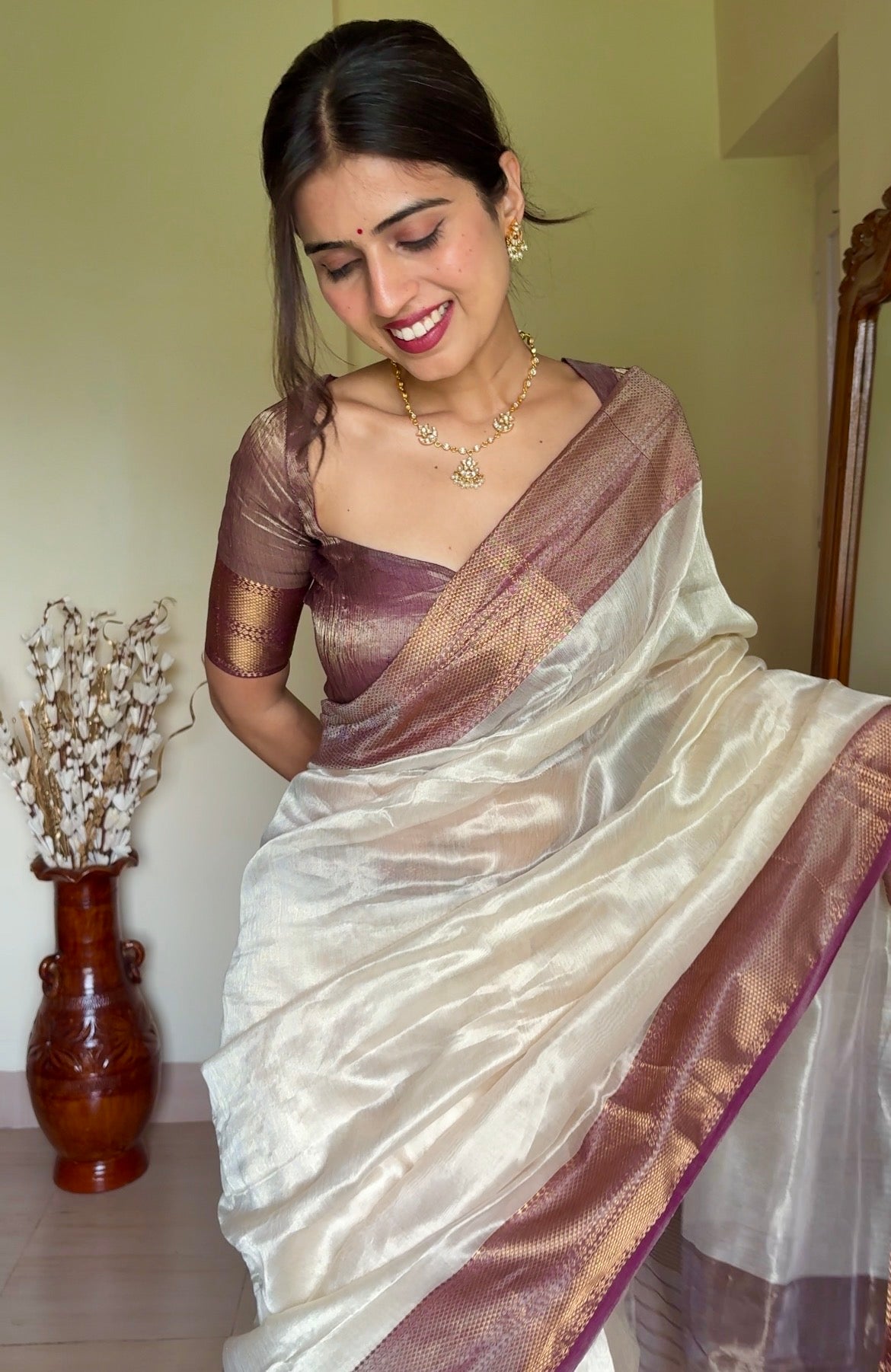 Ready to wear | Cream & Violet Maheshwari tissue silk saree with antique gold zari border