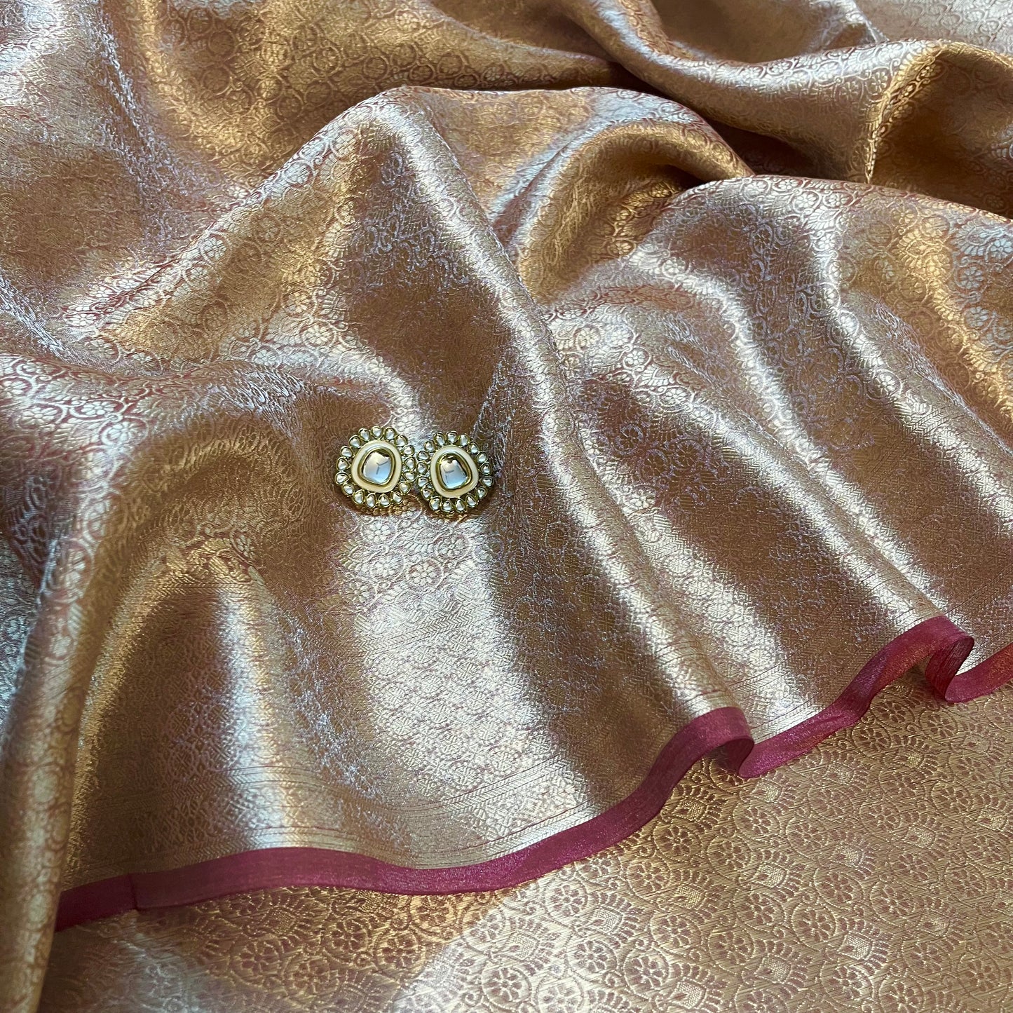 Champagne & Red Banarasi Brocade silk saree with zari pattern all over