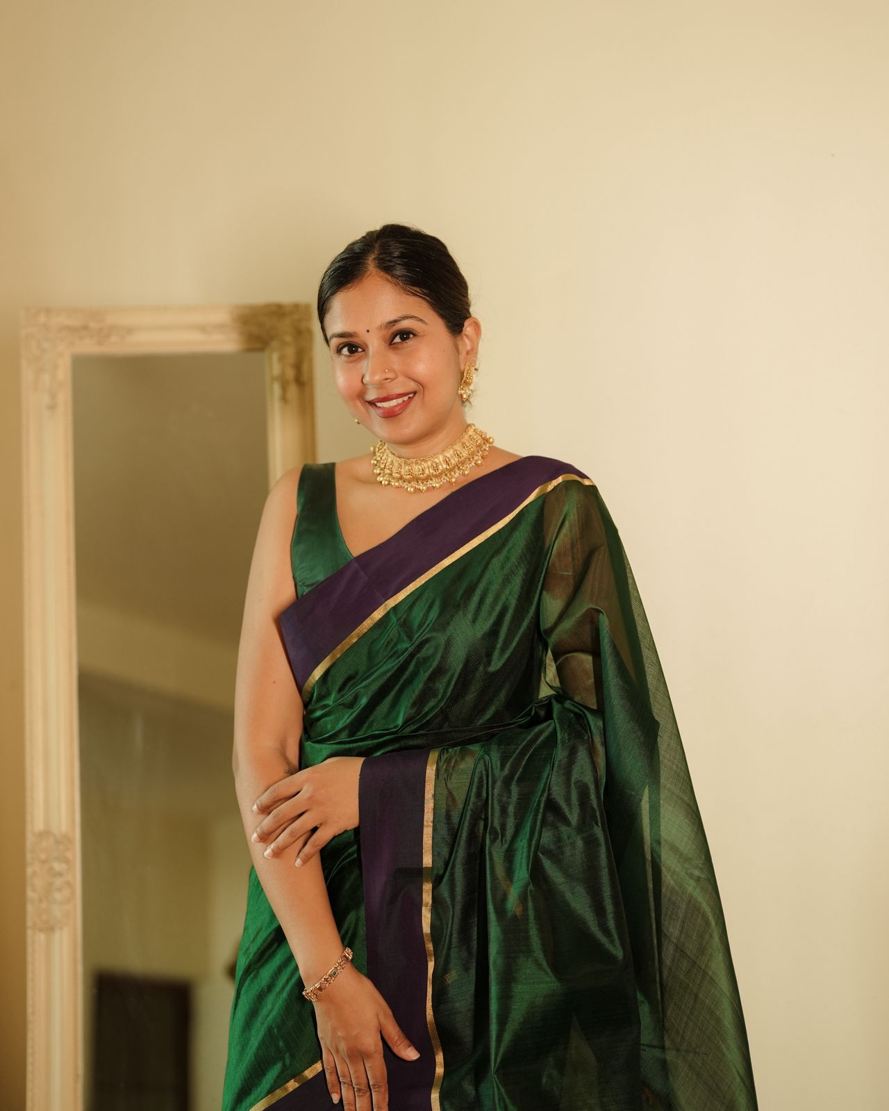 Dark green and blue Chanderi silk saree with silk border