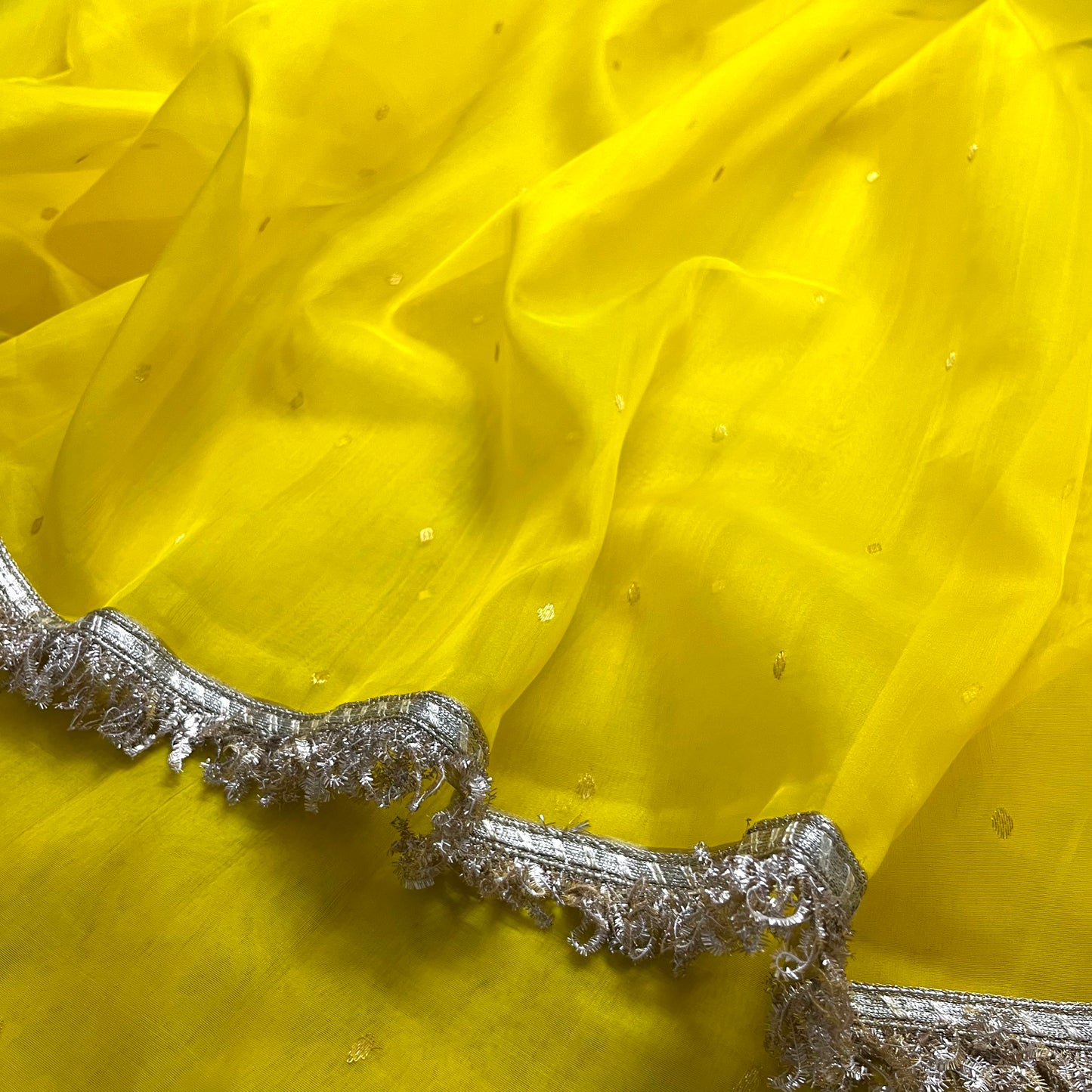 Corn yellow Chanderi silk saree with zari bootis all over