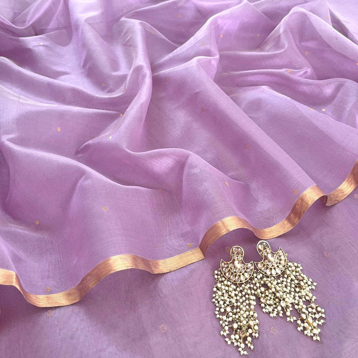 Mauve Chanderi silk saree with zari bootis all over