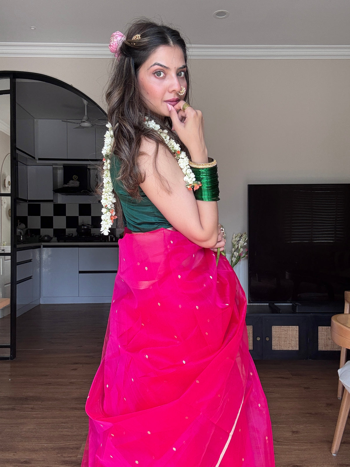 Fuschia pink Chanderi silk saree with zari bootis all over