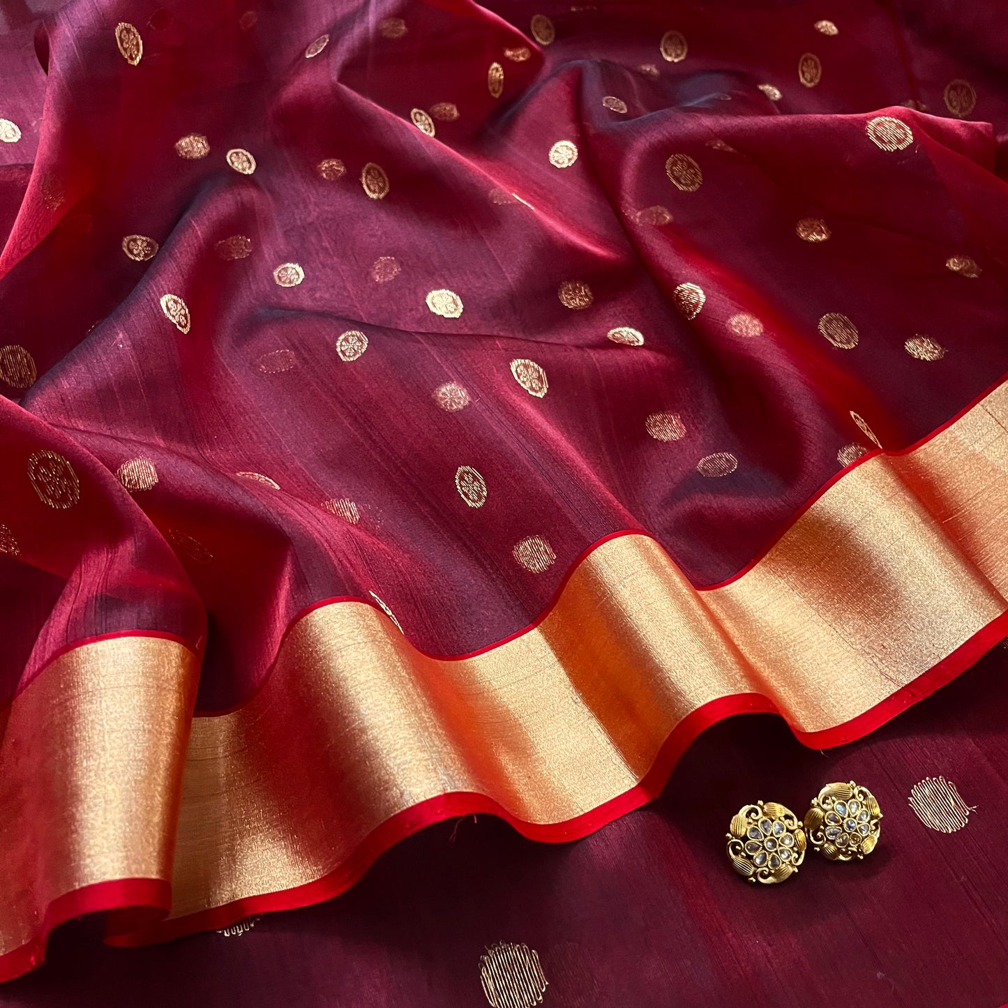 Maroon Chanderi silk saree with zari motifs on pallu