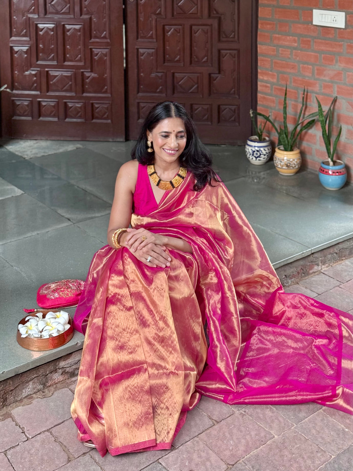 Pink and gold chanderi tissue silk saree