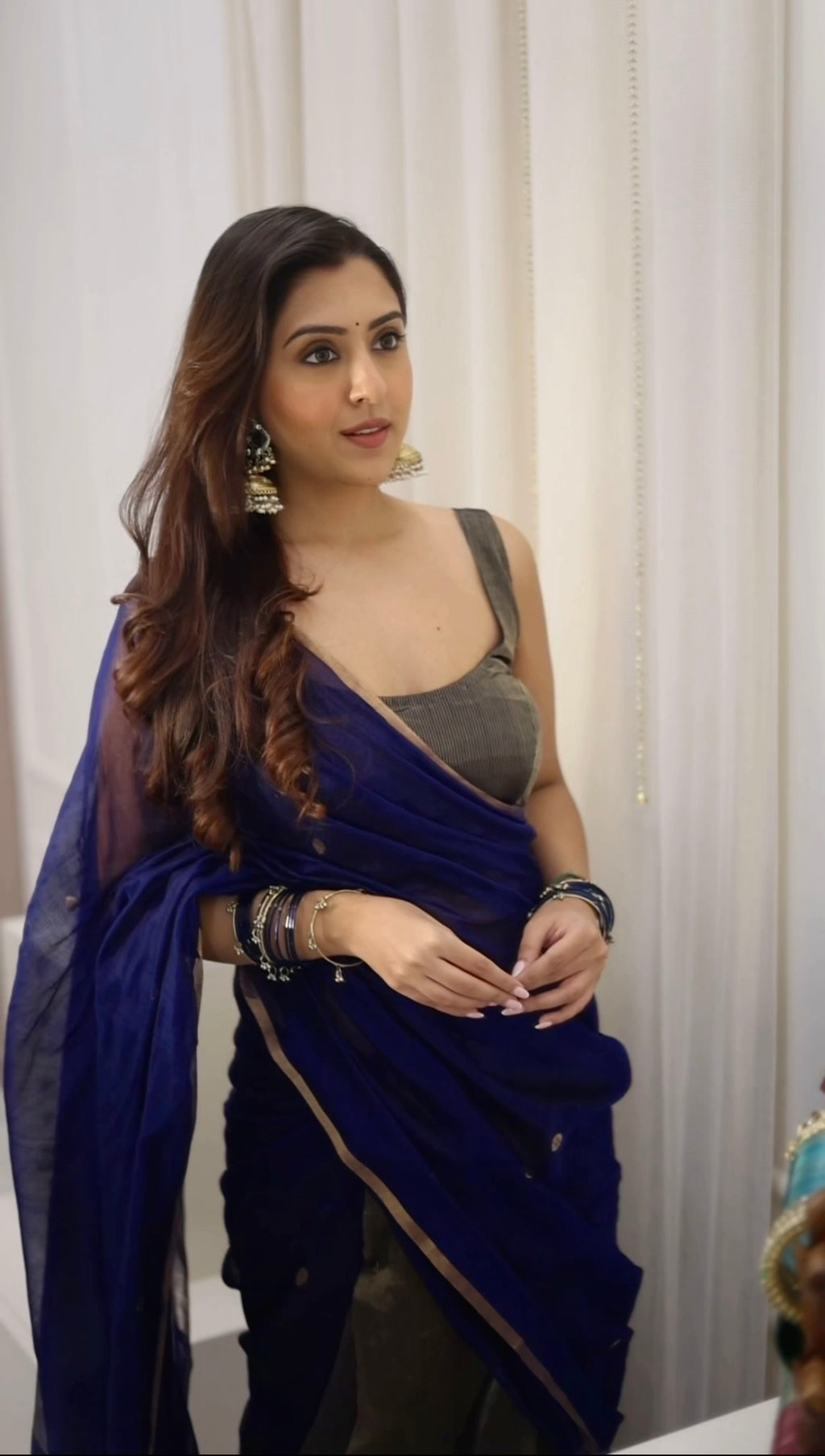Ready to wear | Dark Blue Maheshwari Saree with Zari Bootis & Zari Lines