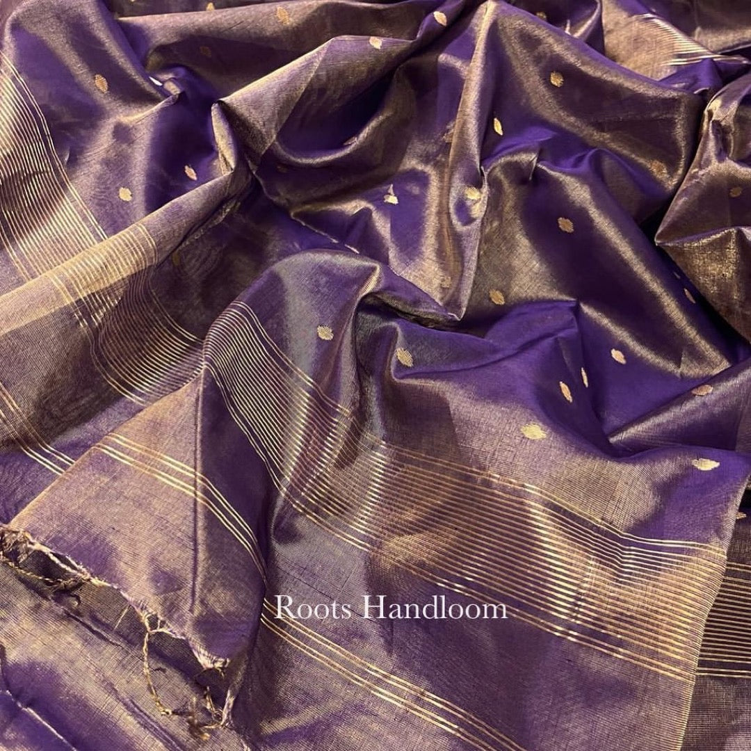 Dark Purple & Gold Maheshwari Tissue Silk Saree with Zari Bootis all over