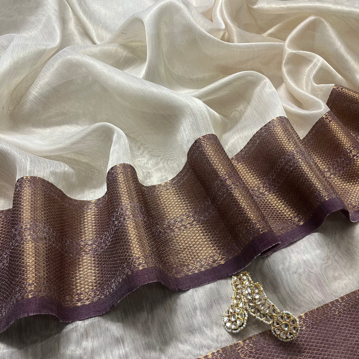 Ready to wear | Cream & Violet Maheshwari tissue silk saree with antique gold zari border