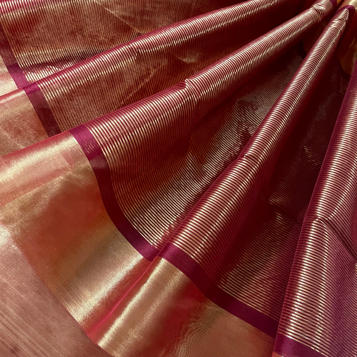 Deep red and gold Chanderi tissue silk saree