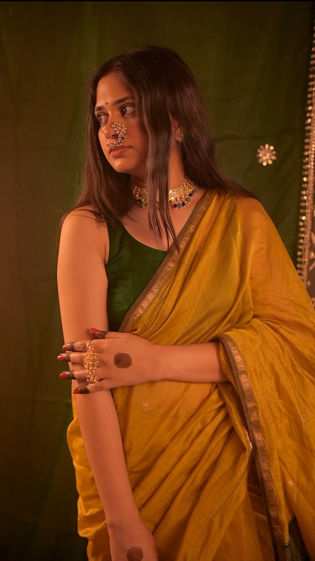 Mustard & green Maheshwari saree with flower bootis all over