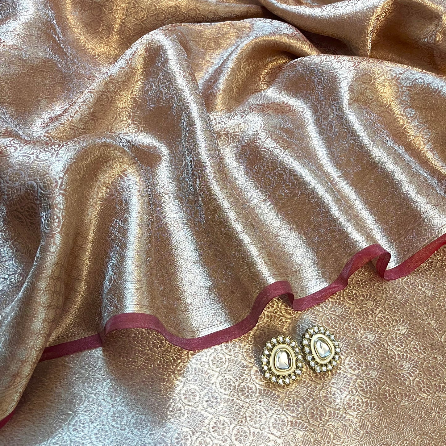 Champagne & Red Banarasi Brocade silk saree with zari pattern all over