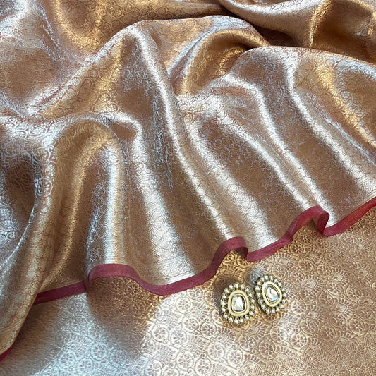 Champagne & Red Banarasi Brocade silk saree with zari pattern all over