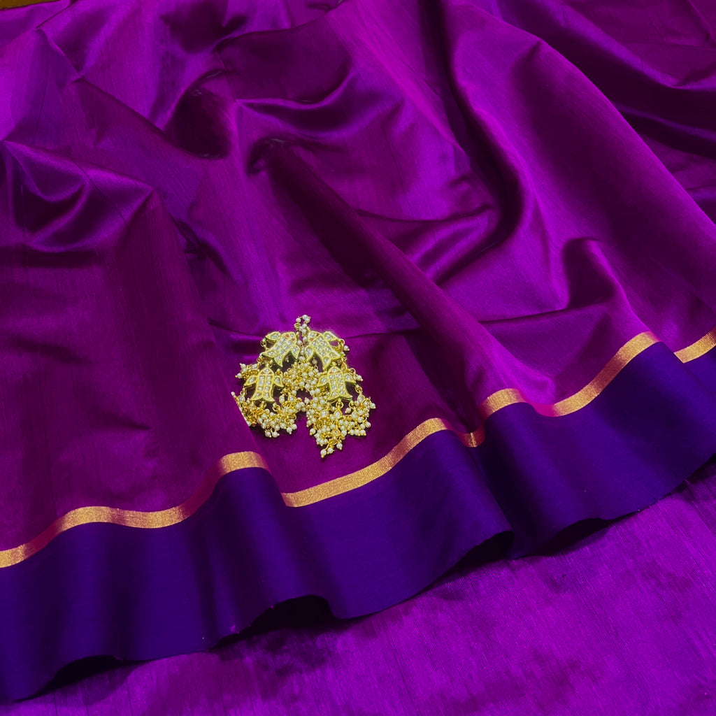 Plum & Blue Chanderi silk saree with zari lines on pallu