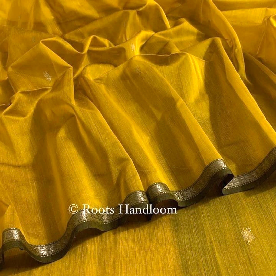 Mustard & green Maheshwari saree with flower bootis all over