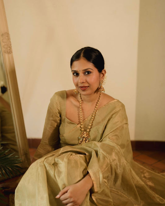 Olive gold Maheshwari tissue silk saree with zari bootis all over