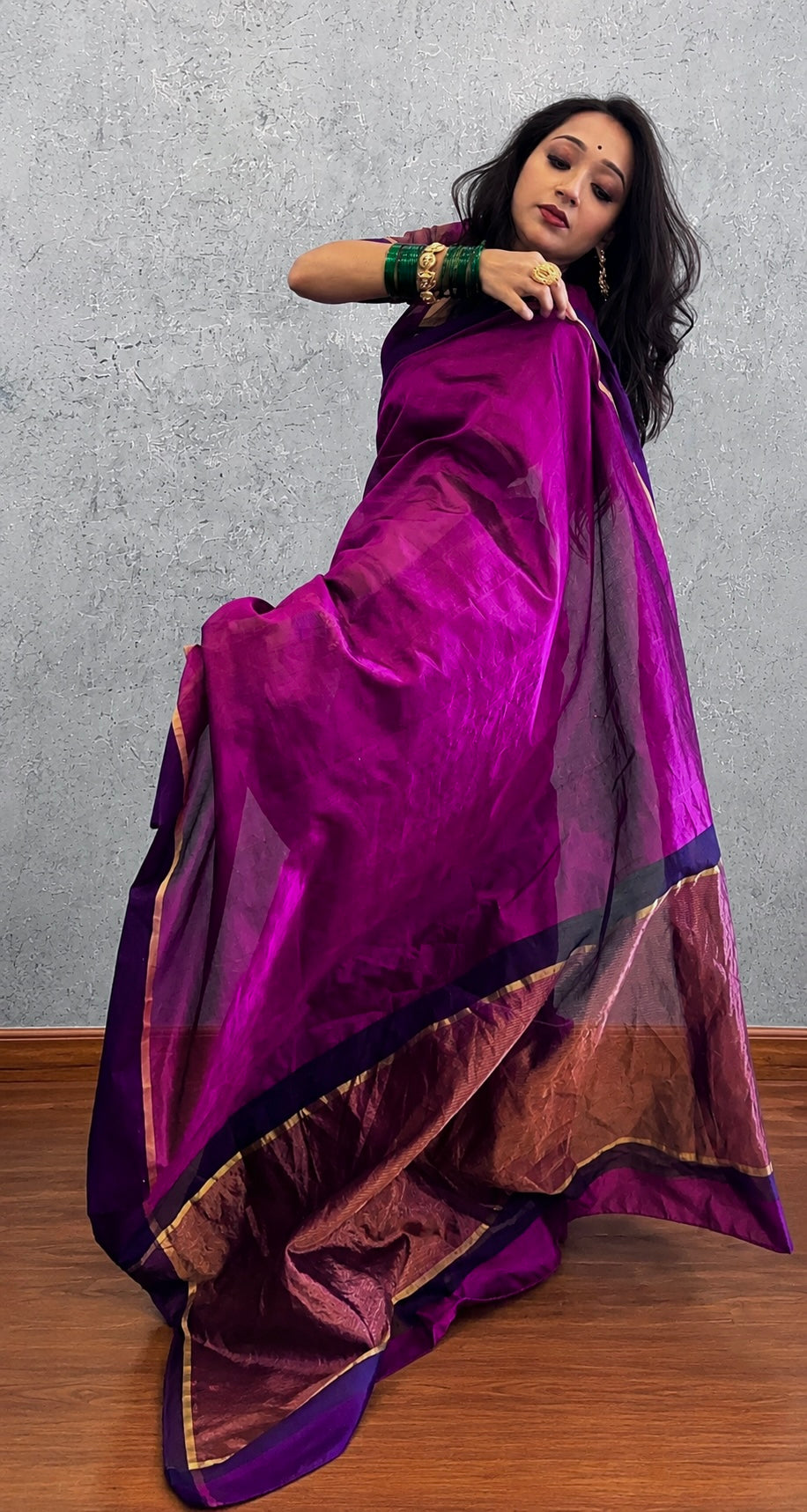 Plum & Blue Chanderi silk saree with zari lines on pallu