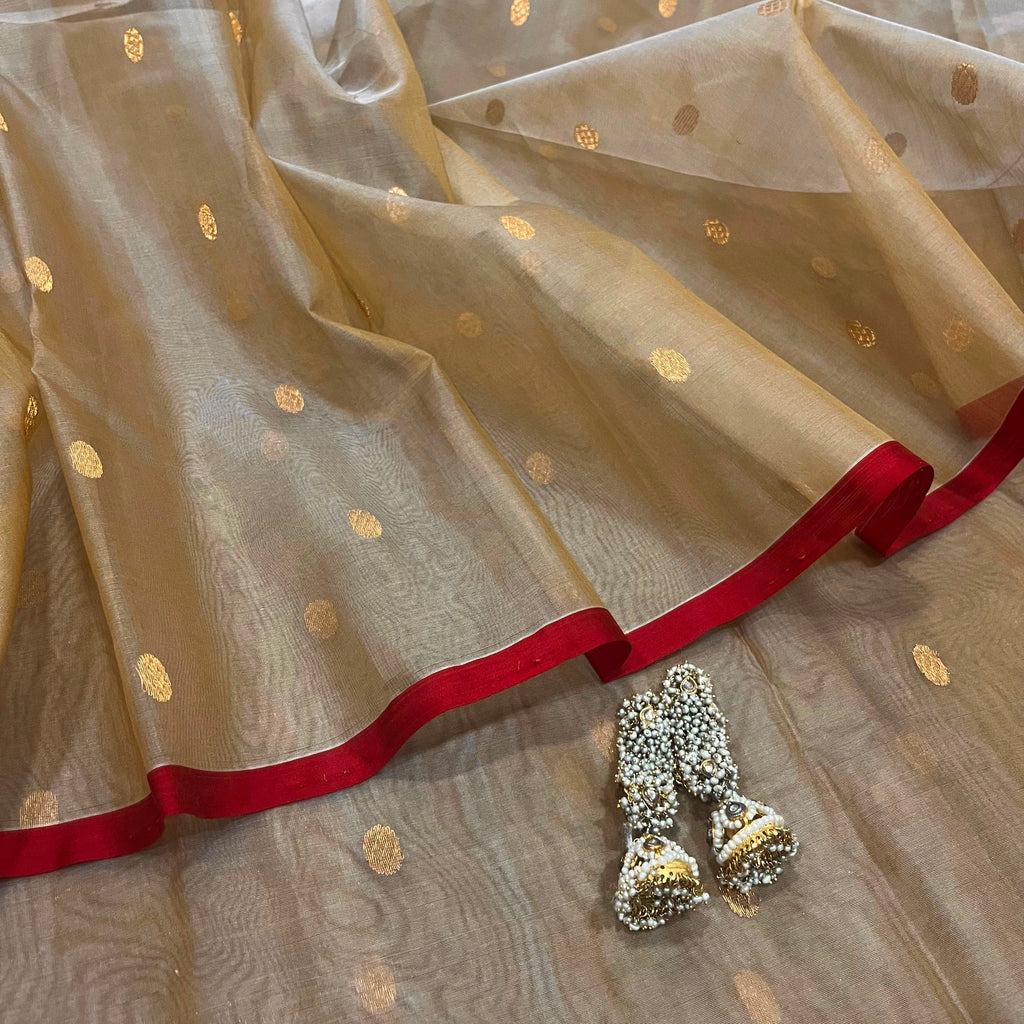 Beige gold and red Chanderi silk saree with zari bootis all over