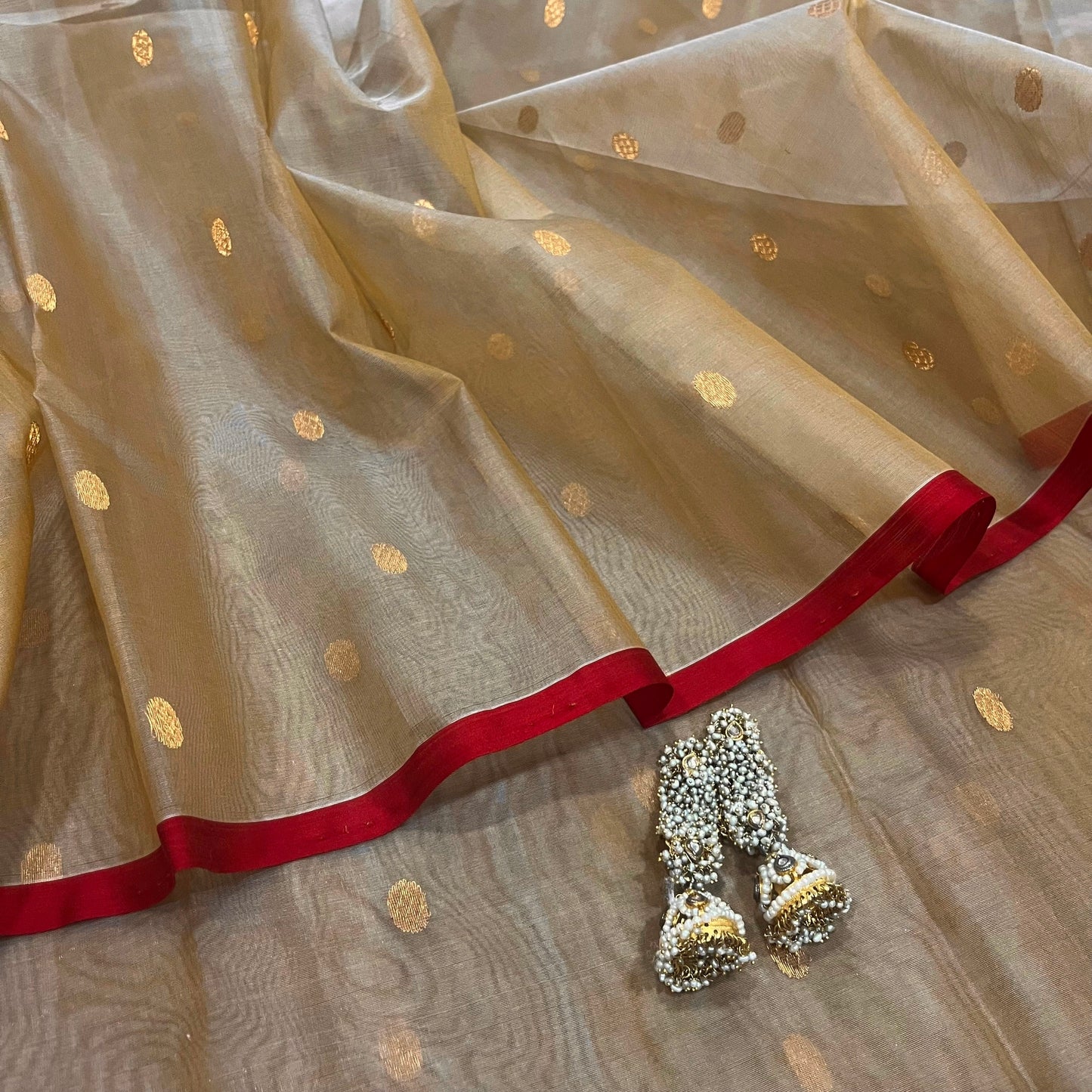 Beige gold and red Chanderi silk saree with zari bootis all over