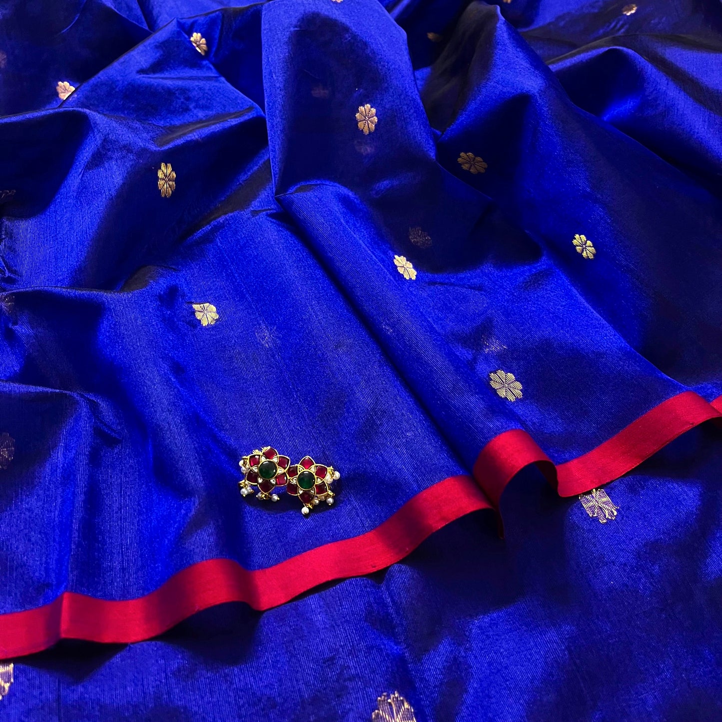 Dark blue Chanderi silk saree with flower bootis all over