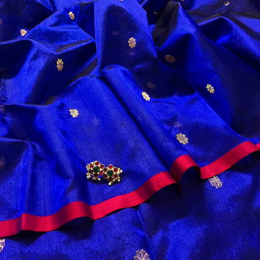 Dark blue Chanderi silk saree with flower bootis all over
