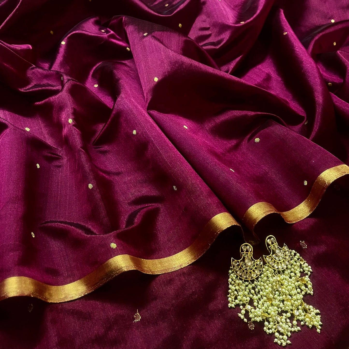 Dark Plum Chanderi silk saree with zari bootis all over
