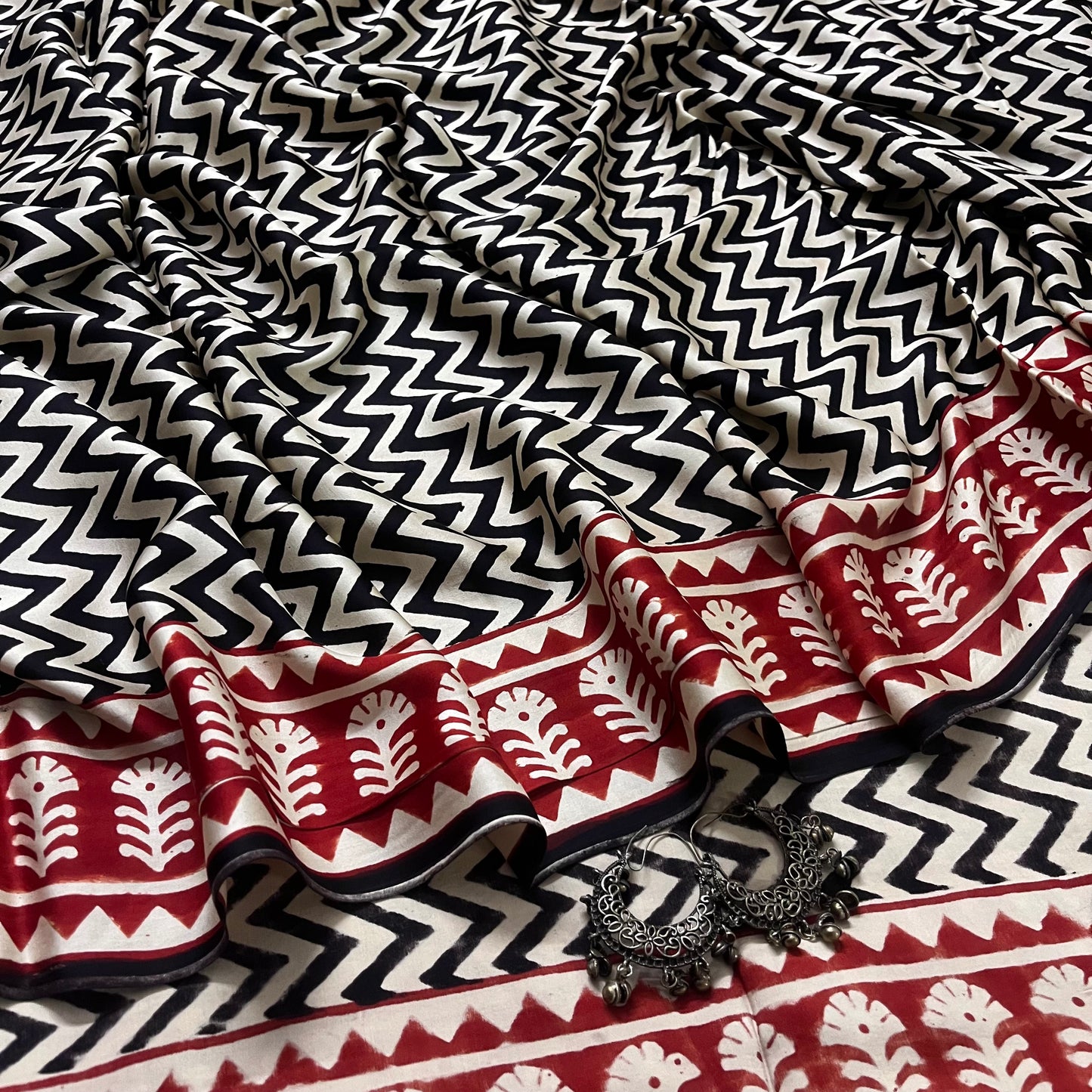 Black and white saree with block print all over