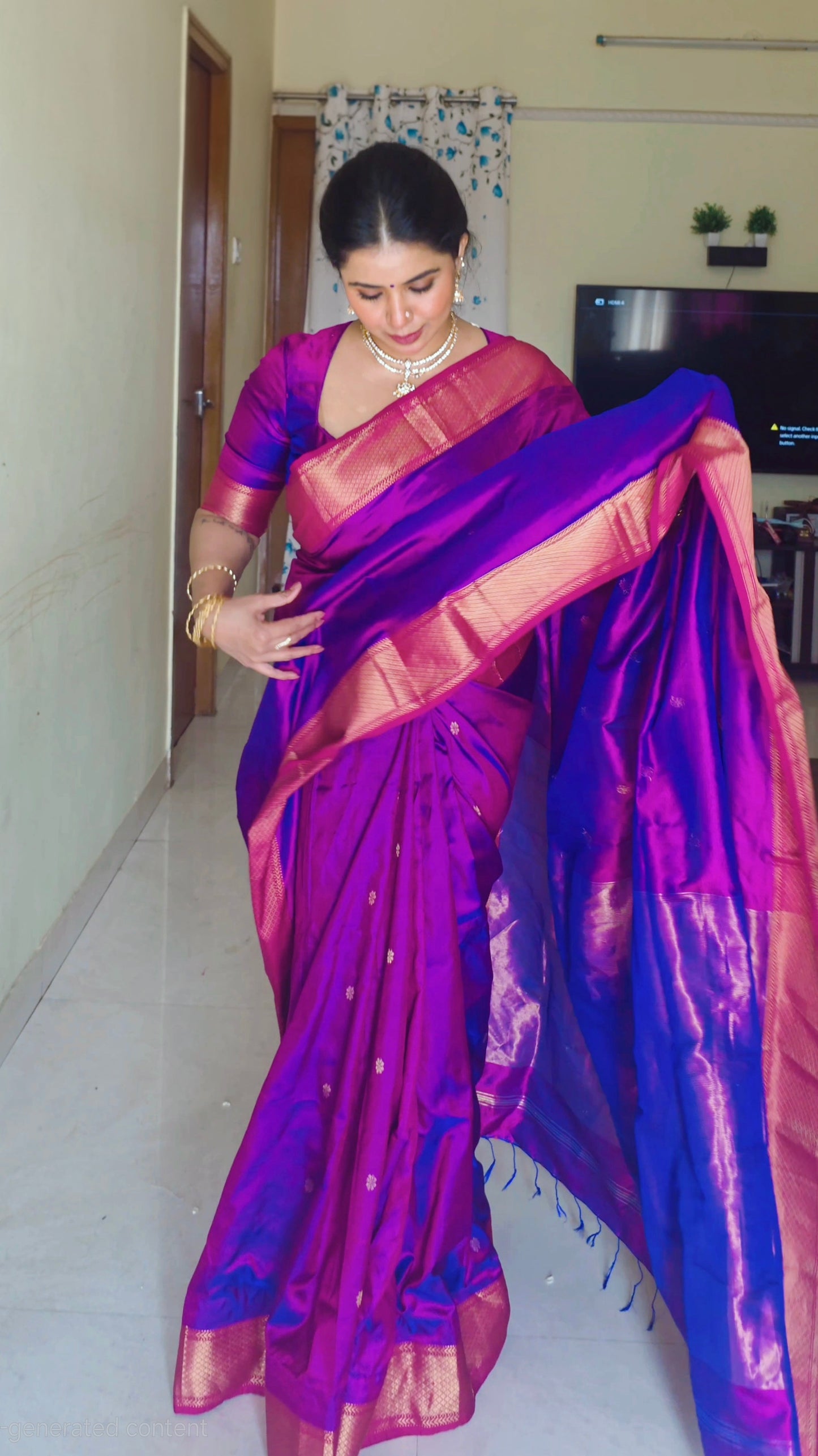 Violet and Pink dual tone Maheshwari silk saree with zari bootis all over