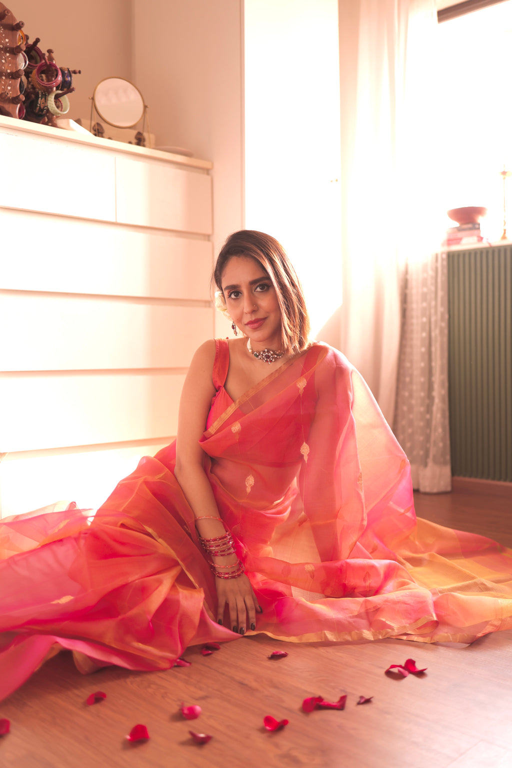 Coral pink dual tone Chanderi organza silk saree with jhumka motifs all over